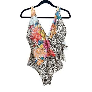 Johnny Was Multicolor Floral and Leopard One Piece Swimsuit